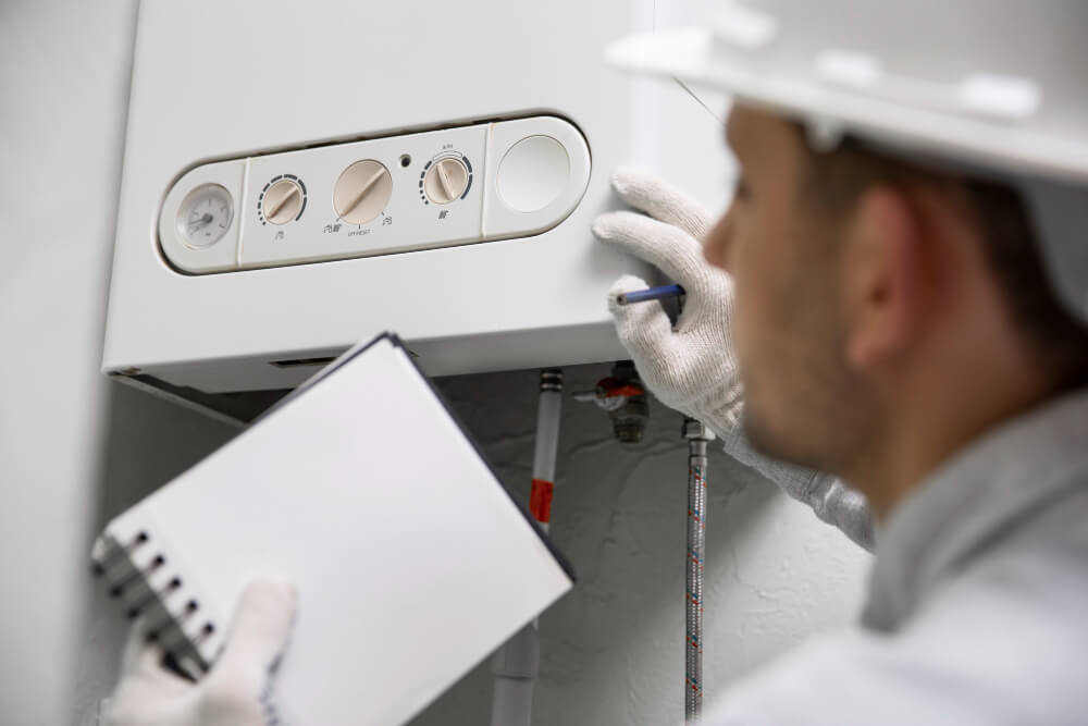 A professional heating engineer in a white hard hat and gloves performing a check on a modern white gas boiler, holding a notebook for the Best Gas Boilers 2026 Guide by FlameFox.